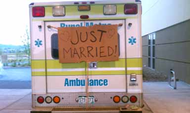The groom leaves the wedding ceremony in an ambulance!